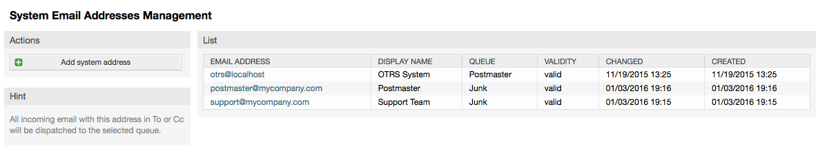 System email addresses management