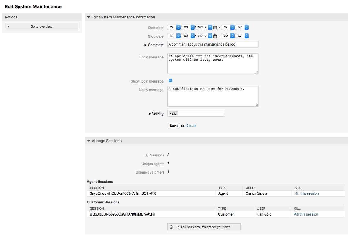 The system maintenance edit screen