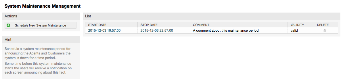 The system maintenance overview screen with some scheduled periods
