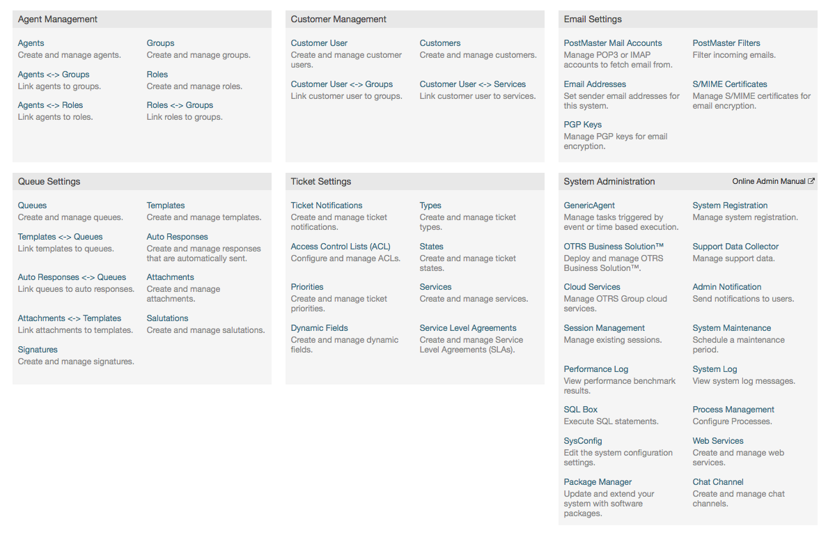 OTRS Administration Overview Screen