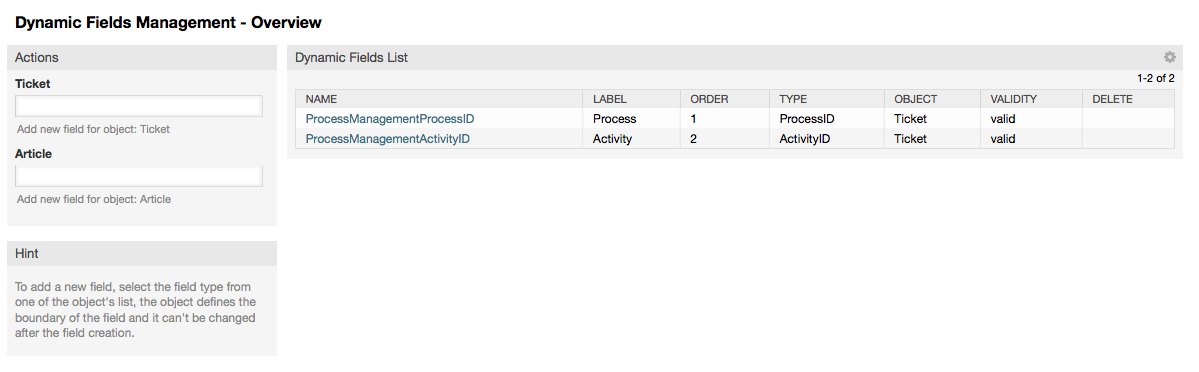 The dynamic fields overview screen with some dynamic fields