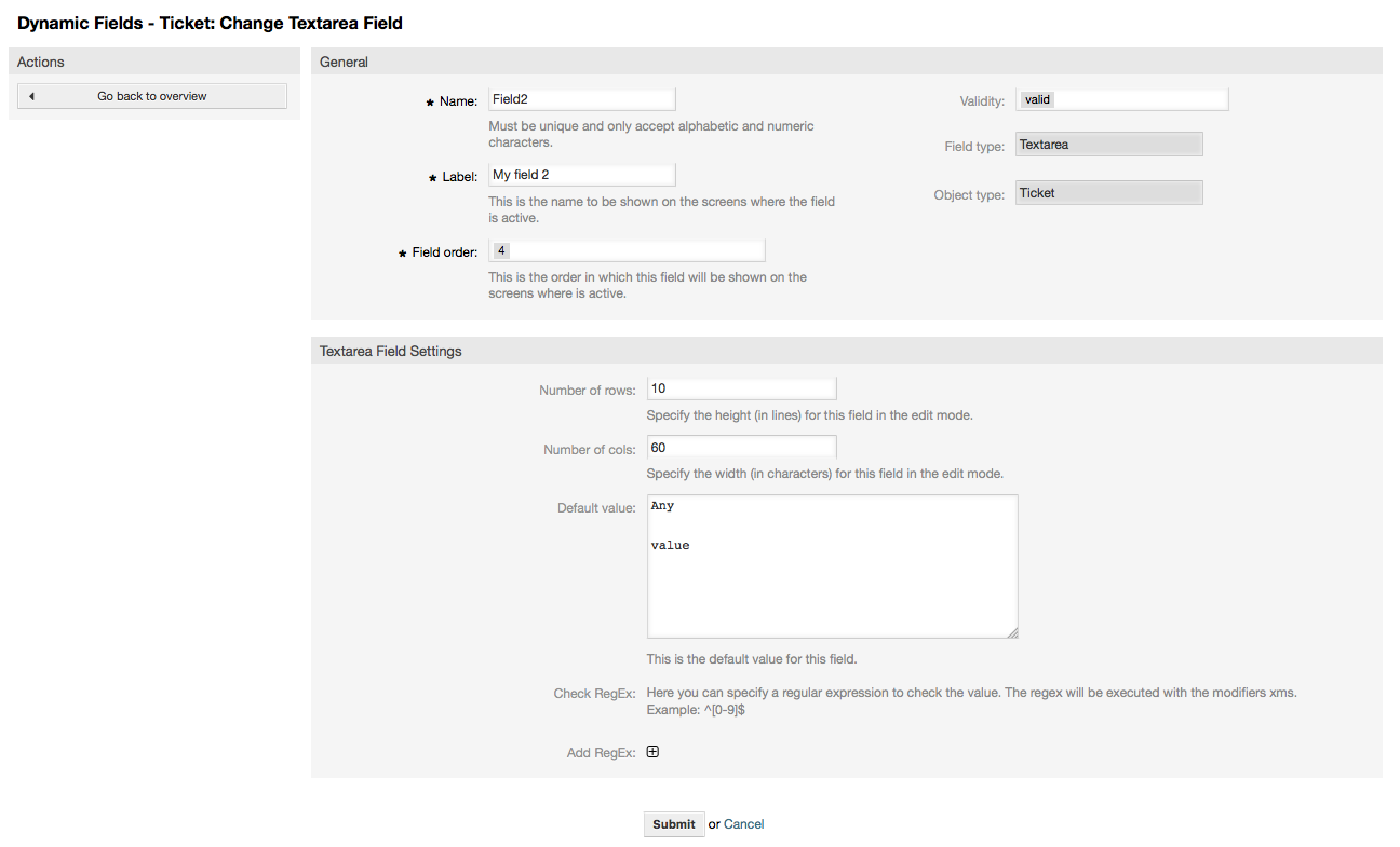 Dynamic field Textarea configuration dialog