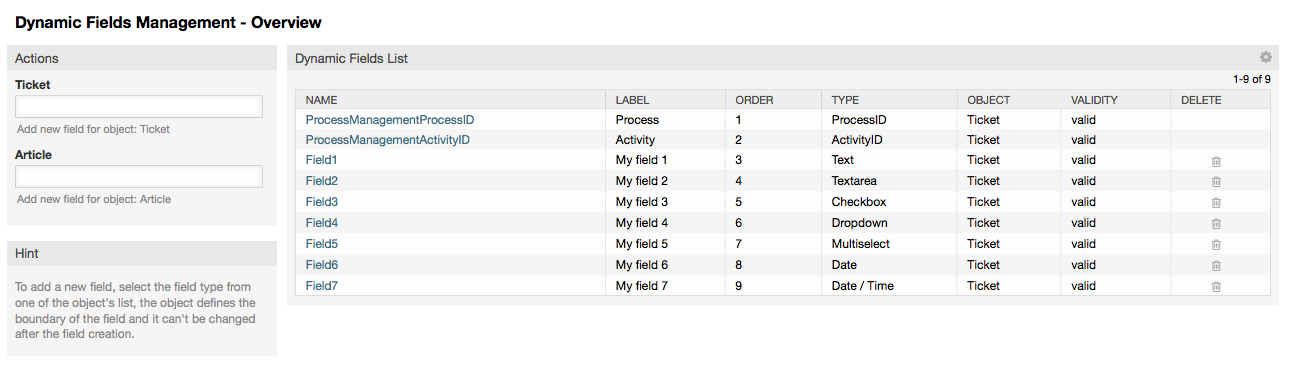 Dynamic field overview screen filled with sample data