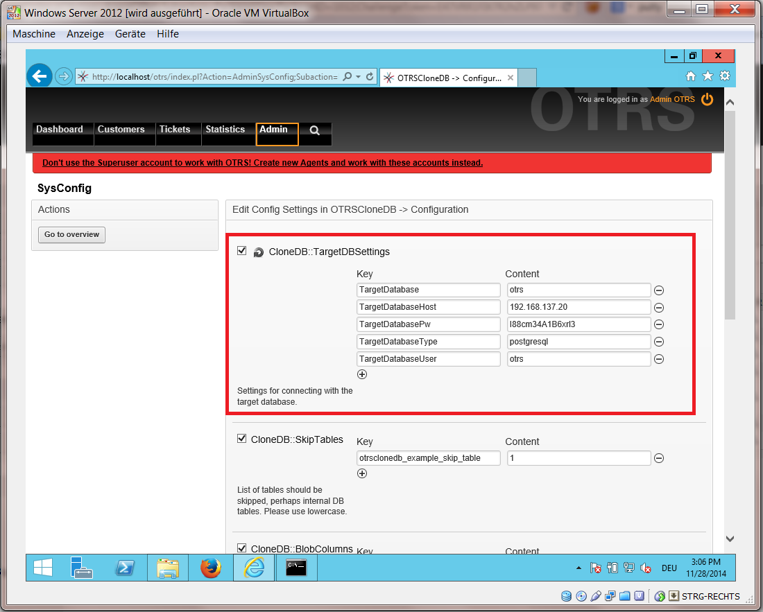 Configurate OTRSCloneDB SysConfig 2 - screenshot