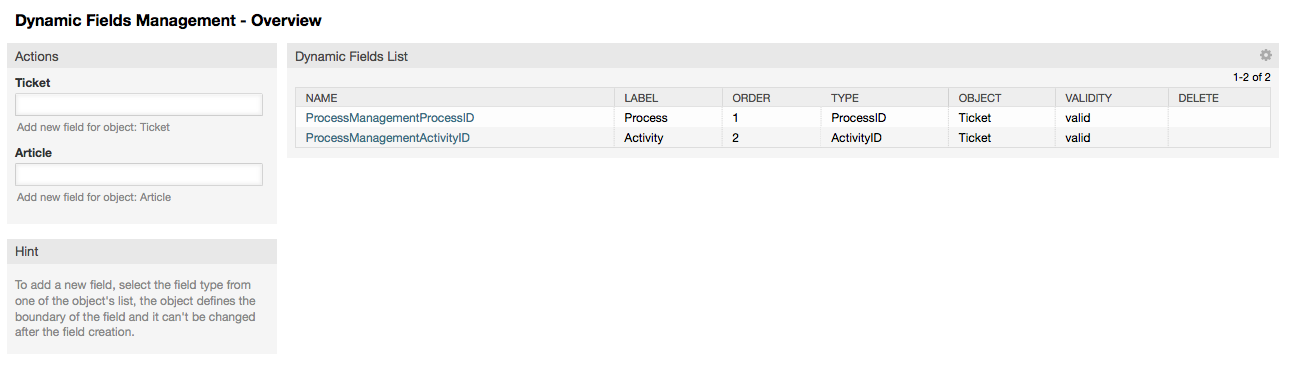 Dynamic fields overview screen.