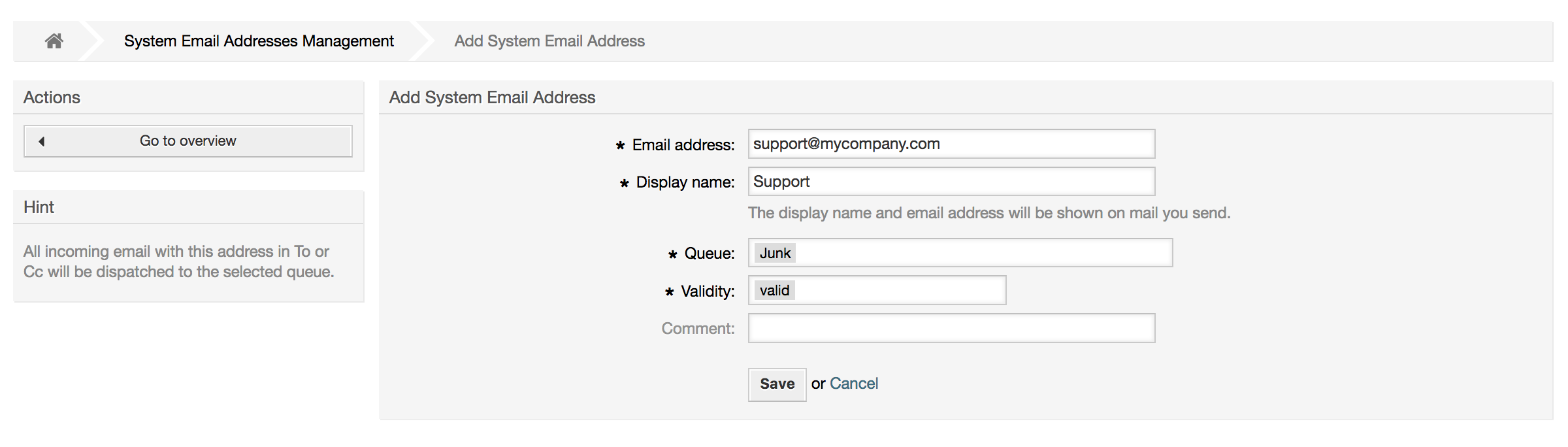 Adding a system email address
